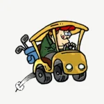 Male golfer driving golf cart